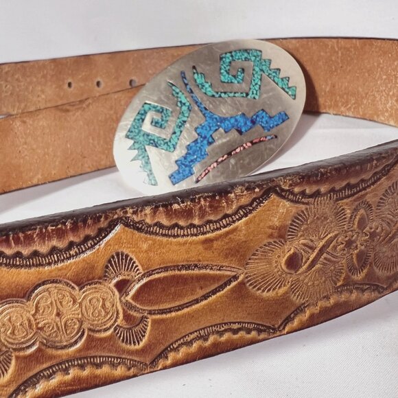Mexican Silver-Turquoise Belt Buckle-Inlaid Stones/Chips-Tooled Leather Vintage main image 11